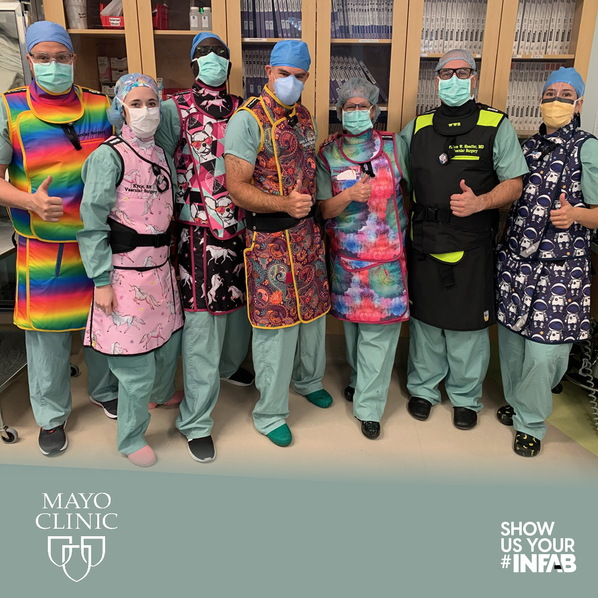 InfabCorp's tweet photo. The vascular team at Mayo Clinic Arizona Vascular and Endovascular Surgery sharing their stylish positivity! 👍 👍👍👍
#OR30 @mayoazvascsurg #radiationprotection #infab #leadapron https://t.co/WncScRWIBD