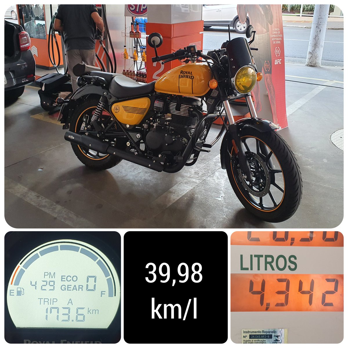 JoaoTadeu's tweet photo. Colocamos 4,342 litros após rodarmos 173,6 km fazendo assim a excelente marca de 39,98 km/l em uso 99% rodoviario nesta minha Meteor 350 2022 ainda amaciando original, apenas com escapamento Customer.
#madetobuybread
#sp4you
#recorde
#sigaaeconomia
#220729_k540 https://t.co/7avxIbzVsx