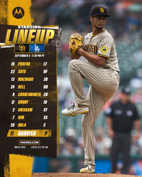 Yu Darvish, wearing Padres road pinstripes, throws a pitch during a game. Brown and gold starting lineup graphic with today's date, September 2. Time of game: 7:10 PM PT. Opponent: Los Angeles Dodgers Starting lineup: Profar - Left field Soto - Right field Machado - Third base Bell - Designated hitter Cronenworth - Second base Drury - First base Grisham - Center field Kim - Shortstop Nola - Catcher Darvish - Pitcher