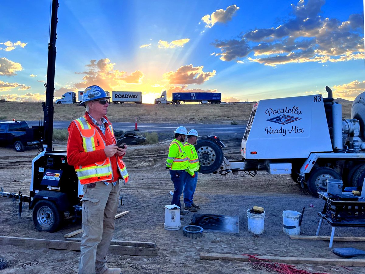 Braydan DuRee snapped this beautiful #sunrise #photo at <a href="/IdahoITD/">Idaho Transportation Department</a>'s I-86/I-15 interchange project in Pocatello, Idaho this week. He and Steve Godes (pictured) were watching a test drilled shaft be installed as the #geotech of record for the project. #FieldFriday