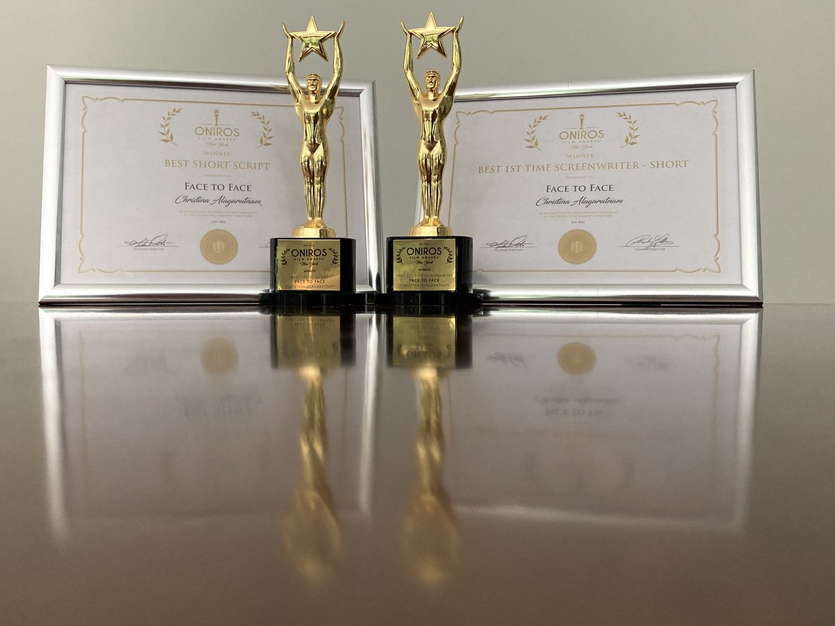 ChrissyA_92's tweet photo. It’s up to you New York, New York! 🗽Over the moon to have won two awards at the prestigious @OnirosFilmAward NY! To win Best Short Script and Best 1st Time Screenwriter for Face to Face is something I will cherish for the rest of my life. Huge thanks to you! #OFA https://t.co/WWs3BD9ZYI