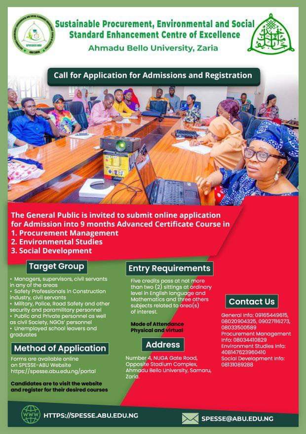 Beebi26's tweet photo. Advanced Certificate course in the following professional fields, Environmental studies, Social standards, and Procurement management. Details in the poster below👇🏽👇🏽👇🏽
#ProfessionalCourses #ABU #SPESSE #CentreOfExcellence https://t.co/PZLZ26KILo