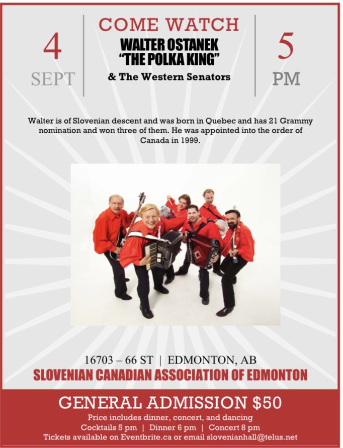 SlovenianHall's tweet photo. Looking forward to seeing 3 time Grammy award winning Walter Ostanek and the @WesternSenators at our hall on Sunday the 4th. https://t.co/rY9KUt36Tu https://t.co/rBHySS2txW