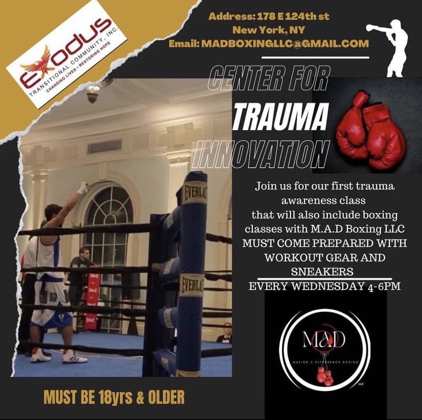 etcnyorg's tweet photo. Trauma informed boxing at @riseprojectnyc ‘s #BikeForPeace event this week. Thank you so much for having members from exodus’ Center for Trauma Innovation show up! #TraumaInformed #ExodusTransitionalCommunity https://t.co/SZpSqv2Hza
