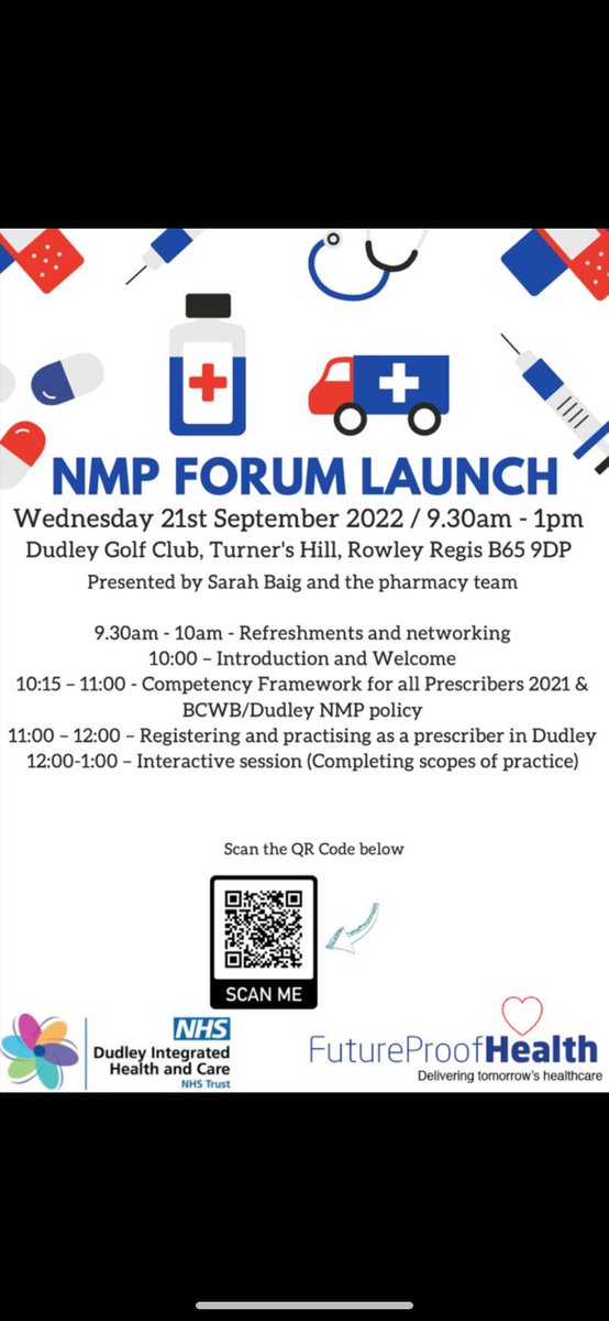 SarahBaig11's tweet photo. Come join me for our Dudley Integrated Health and Care NMP forum launch. Learn about what is competence? and how do I define my boundaries of clinical practice? and you also get to work on developing your personal scope of practice!! #cpd #nmp #dihc @IHCDudley https://t.co/Qyv1J35yzd