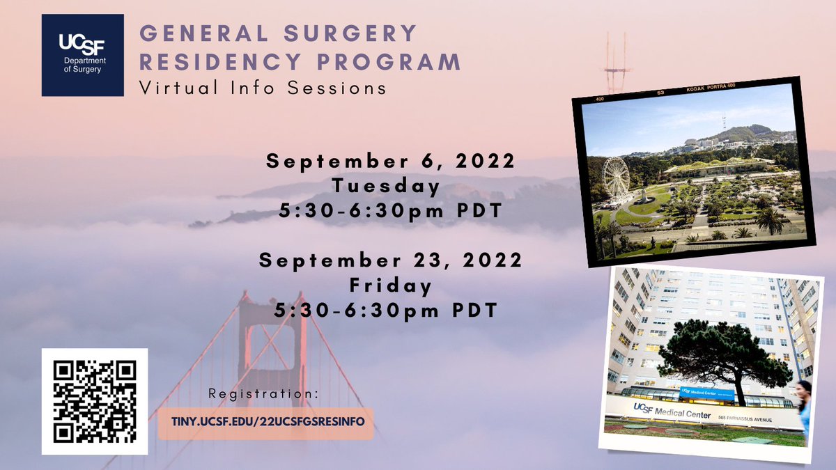 ‼️If you missed our 1st General Surgery virtual info session, join us next Tuesday or on Fri 9/23, from 5:30-6:30pm PT to learn about our @UCSFGSResidency Program & meet our awesome @UCSFSurgery leaders & residents.🔗Register: tiny.ucsf.edu/22UCSFGSRESINFO‼️