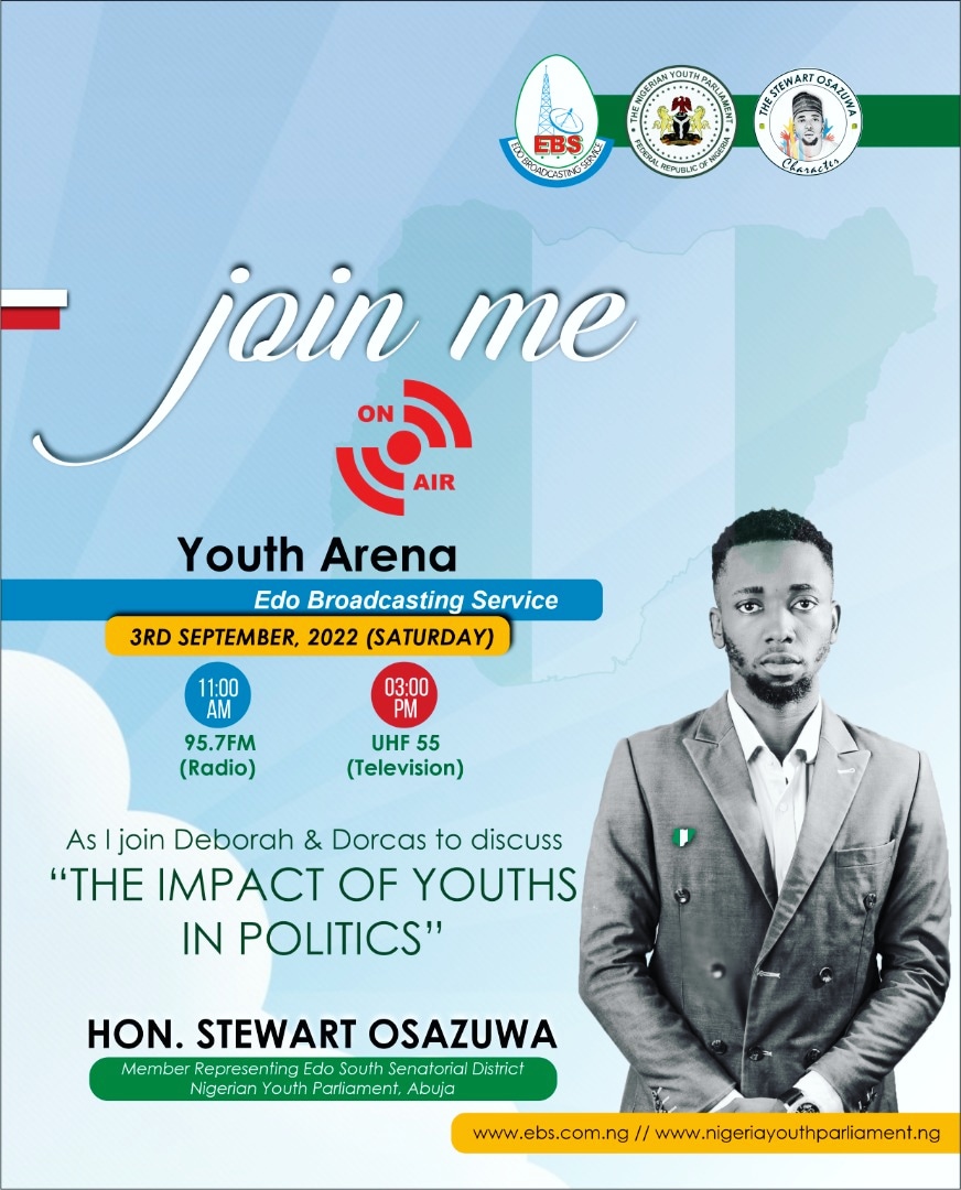 Mr_stew_'s tweet photo. Join me on Edo Broadcasting Service, EBS tomorrow.

Radio - 11AM
Television - 3PM

We would keep on inputting our voice to societal's prosperity, especially among the youth population of this Nigerian Generation. https://t.co/KObk7IvcH2