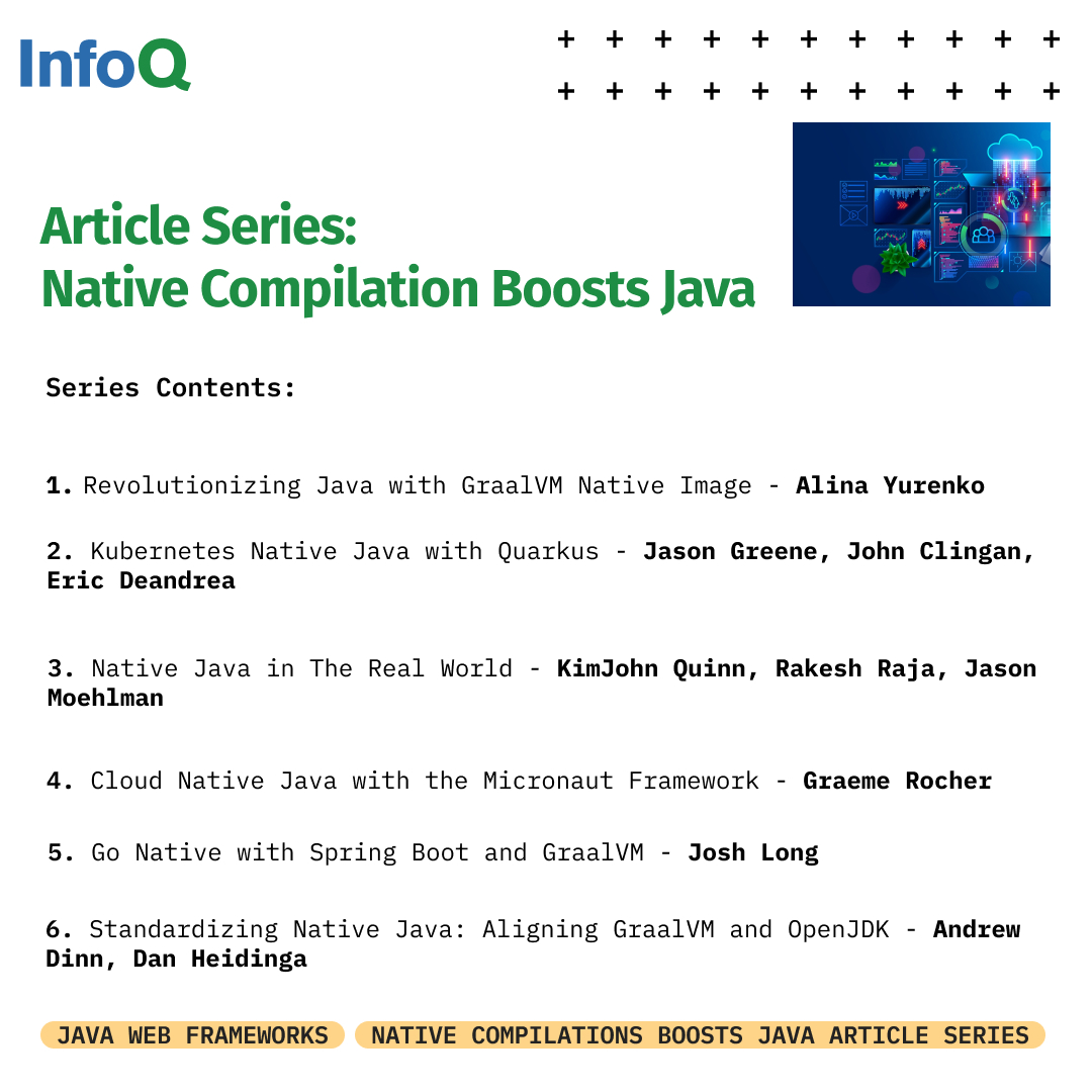 InfoQ's tweet image. #ICYMI How does #NativeJava change #SoftwareDevelopment? When should we switch to Native Java? When should we not? What framework should we use for Native Java?
This #InfoQ article series provides all the answers: bit.ly/3L4Trqt
#Micronaut #GraalVM #Quarkus #Kubernetes