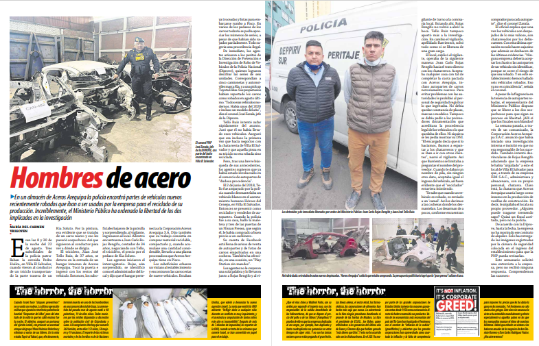 ensustrece's tweet photo. HOMBRES DE ACERO por @mcyrigoyen. En un almacén de Aceros Arequipa la policía encontró partes de vehículos nuevos recientemente robados que iban a ser usados por la empresa para el reciclado de su producción. Increíblemente, @FiscaliaPeru ordenó la libertad de los dos implicados. https://t.co/iYpTkeqRiq