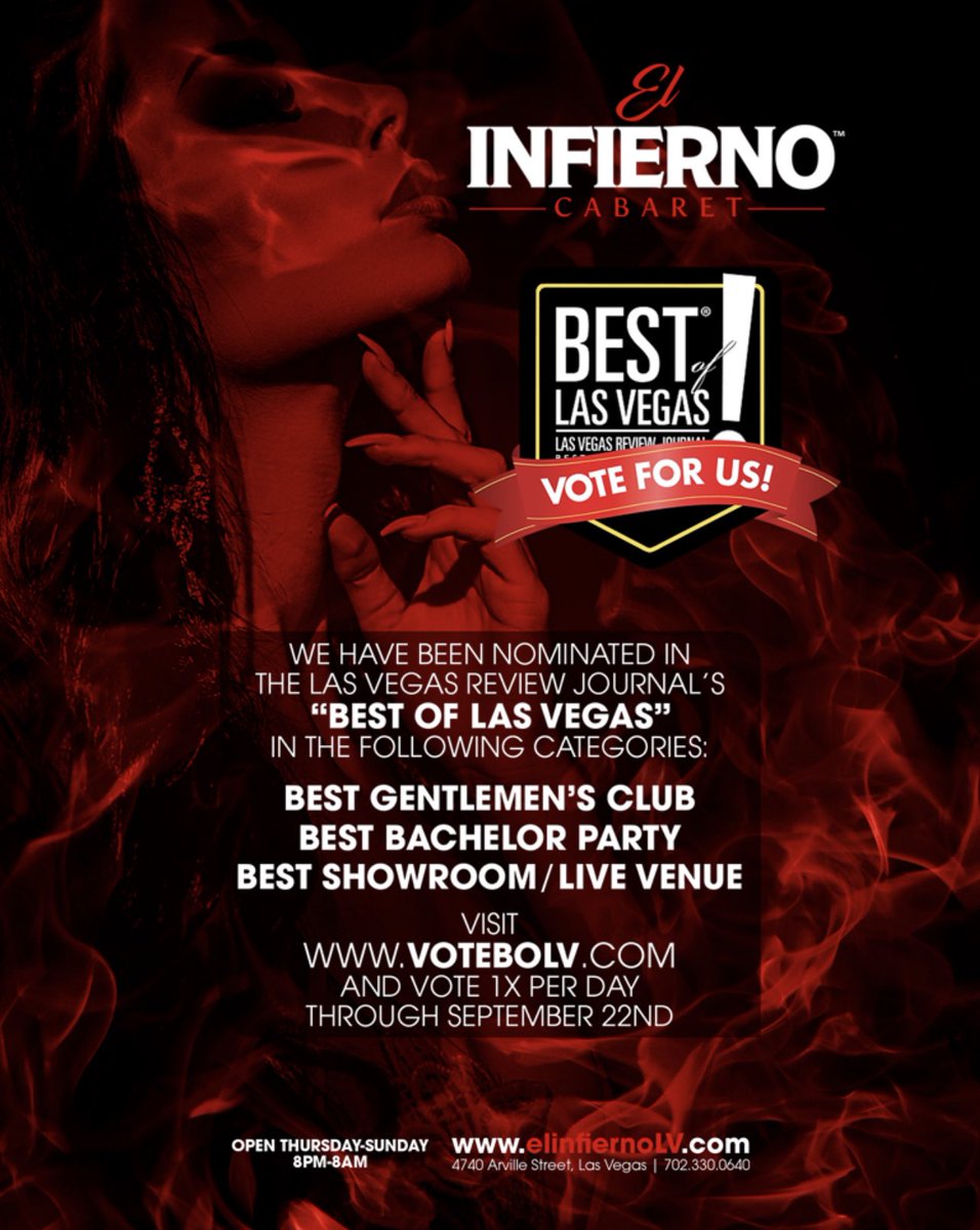 ElInfiernoLV's tweet photo. We’ve been nominated in this year’s @reviewjournal @TheBestOfLV in the following categories:

✅Best gentlemen’s club
✅Best bachelor party
✅Best showroom/live venue

Head over to👉https://t.co/6HEo1NSvsW and vote 1X per day through Sept. 22nd.🙏 https://t.co/HO2hCeRFAm