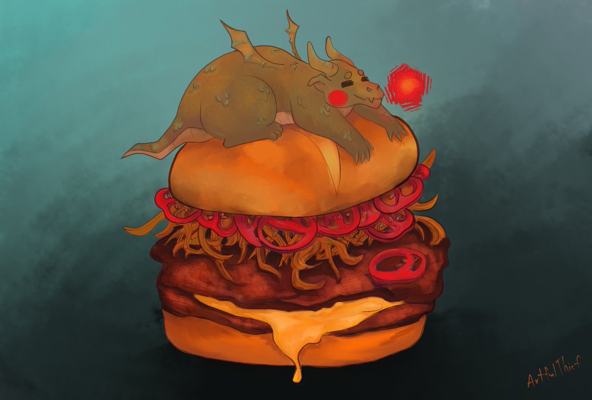 Jaxisdrawing's tweet photo. So I illustrated this little baby right here for a restaurant that is a meet up for ttrpgs and card games. They used this as promotion at ECCC! Let me know if you saw it.
#dragonnborn #foodillustration #foodart #dnd #ttrpg
#commsareopen https://t.co/j7q9TK3B2f