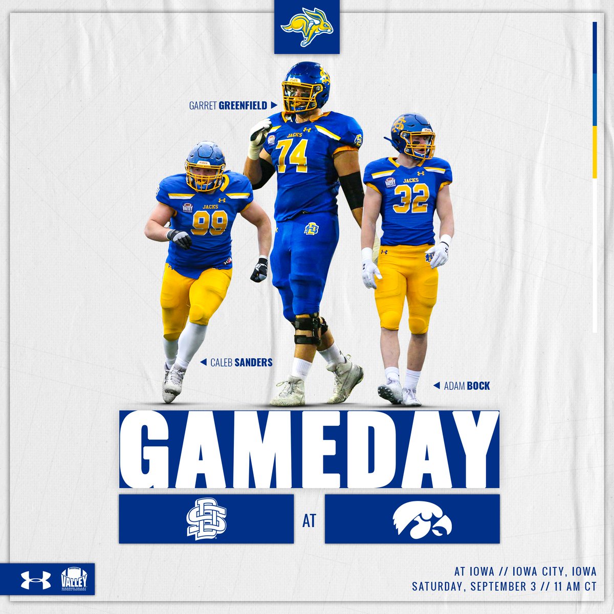 GoJacksFB's tweet photo. Rise and shine, Jackrabbits! It's Gameday!

South Dakota State at Iowa. Season Opener.
#GoJacks🐰🏈

⏰ » 11 a.m.
🏟️ » Kinnick Stadium | Iowa City, Iowa
📺 » @FS1 | $ (https://t.co/tZ7dx7Fs3t) 
📻 » WNAX 570 AM, https://t.co/8rJyYY4feR
📊 » https://t.co/A0lbHEurb3 https://t.co/iYP3JeYBSY