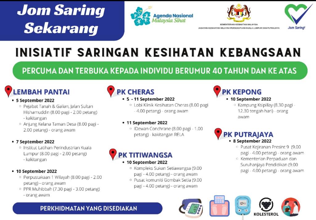 Saringan kesihatan percuma oleh <a href="/JKWPKLP/">JKN KL&Putrajaya 🇲🇾</a>, untuk mereka yang berumur 40 tahun dan ke atas. Jom warga <a href="/ThisIsPutrajaya/">Putrajaya</a>
<a href="/putrajayacorp/">Perbadanan Putrajaya 🇲🇾</a> 
<a href="/putrajayaMY/">Putrajayaku</a>
<a href="/DBKL2u/">Dewan Bandaraya Kuala Lumpur</a>