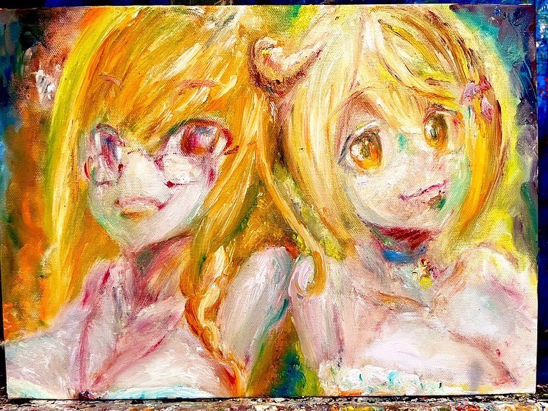 赤井はあと ,桐生ココ 「会長ホロメンタイマンシリーズホロライブ1期生 by油絵#桐生コ個展続 #桐生コ個」|クユウチ🐉🍷🖕🖋vの油絵画家のイラスト