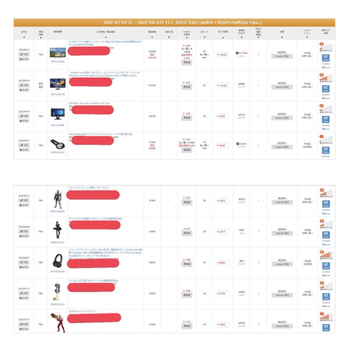 yamapEX1's tweet photo. amazon全販売履歴を公開します！
トータル利益率約30%
全366商品

期間
2022年1月~8月

内容
◯全商品写真付き
◯仕入れ額
◯販売額
◯コンディション
◯利益額
◯返品商品
◯損切り商品
◯規制解除したカテゴリー

条件
フォロー&amp;リツイートで
DMで送ります^_^ https://t.co/eEIlgihTJ2