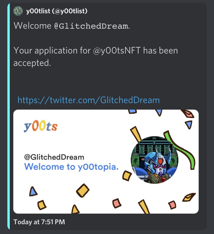 Well it’s official! Better late than never, the power of staying positive worked out I think!! I got y00ted tonight!! <a href="/y00tlist/">y00tlist</a> <a href="/y00tNFTs/">.</a> <a href="/DeGodsNFT/">DeGods</a> thank you for giving me the opportunity to join you at your table, let’s fucking go!!!! *frank voice*