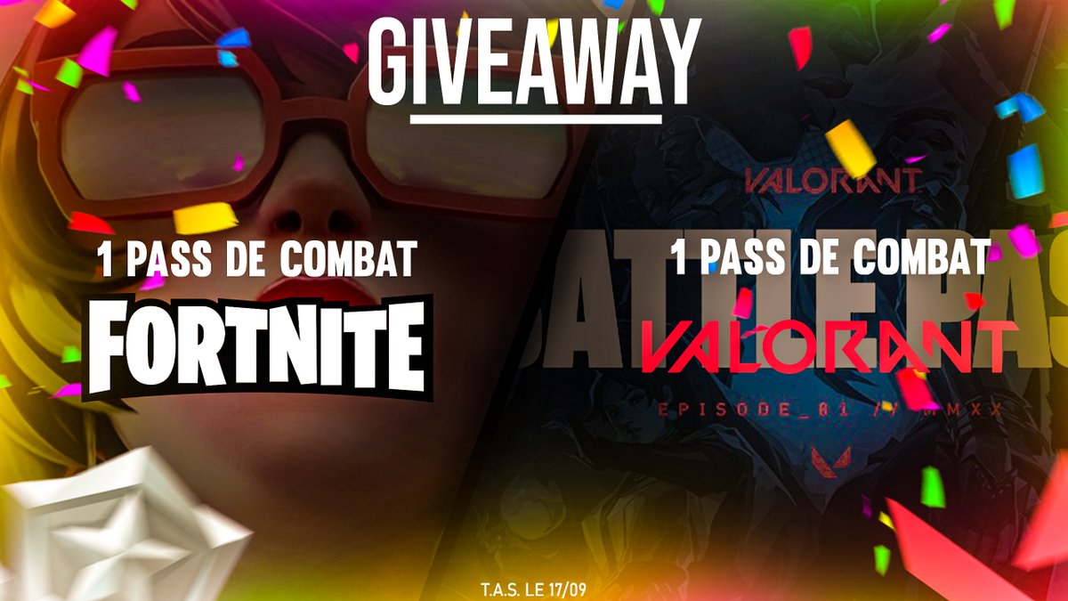 THEsportFR's tweet image. GIVEAWAY 🟠⚫️

Pour la rentrée on vous fait plaisir ! 🙃

à gagner : 

- 1 pass de combat Fortnite
- 1 pass de combat Valorant

Comment participer ? 🤔

- Follow @THEsportFR 
- RT ce tweet
- Fav
- Mentionne 2 amis

Tirage au sort des deux gagnants le samedi 17 Septembre ! 😌