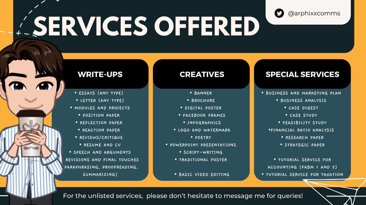 arphixxcomms's tweet photo. Hi! Im Arphi, ur grade conscious buddy!☕️♥️

Lf help with ur loads at an affordable price? I got u! My commission sheet is pinned below! For other acad services, just send a DM. It cost none to know one! And in advance, u're always welcome!🫶🏻

📩: arphiacadcommissions@gmail.com https://t.co/12INLc5Fjk