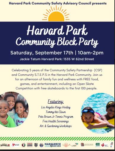 Community_STEPS's tweet image. The American Heart Association will be at the Harvard Park Block Party on Saturday, September 17. Join us as we celebrate five years of the Community Safety Partnership and the Community STEPS program!