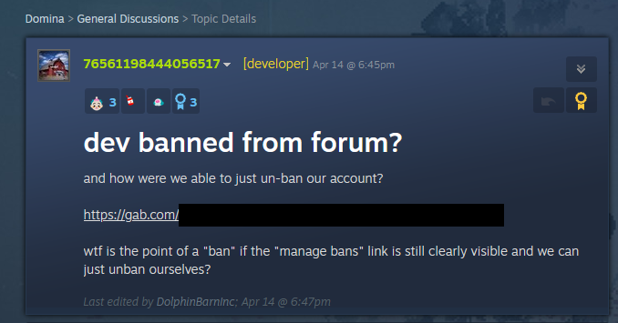 LRFLEW's tweet photo. @JimSterling Probably the funniest thing I found in all of this is this: Valve apparently never tested having a dev banned from their game's discussions, and he was able to unban himself both times he got banned. https://t.co/mpYGScQJQy
