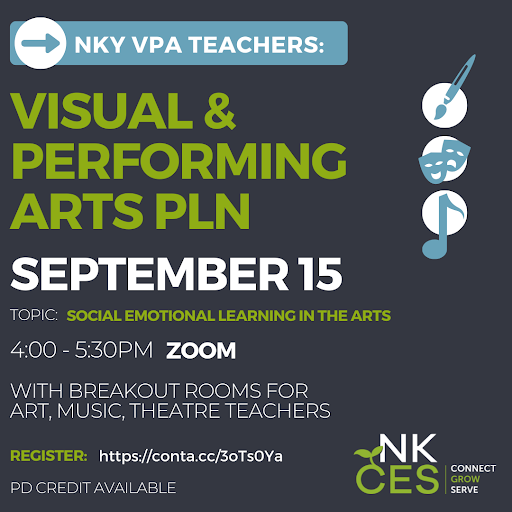 Visual &amp; Performing Arts Teachers! Join us to connect and share ideas with your NKY colleagues. 
Please register at conta.cc/3oTs0Ya 
#ConnectGrowServe