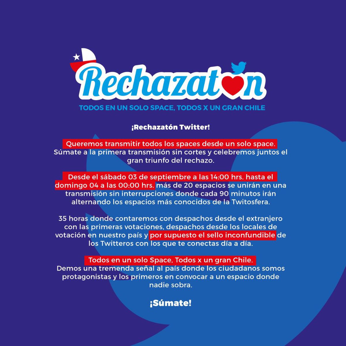 PauDiFontana8's tweet photo. 🇨🇱AMIGOS!!! 🇨🇱
Mañana sábado a las 9:00 AM damos inicio a nuestra GRAN RECHAZATON EN TWITTER!!
Los espacios en twitter nos unimos por Chile, por el Rechazo! 
Todos unidos por Chile 🇨🇱
Todos invitados a participar!! 
#RechazoEl4deSeptiembre 
#RechazoXChile 
#RechazoXAmorAChile https://t.co/66TmZa47KG