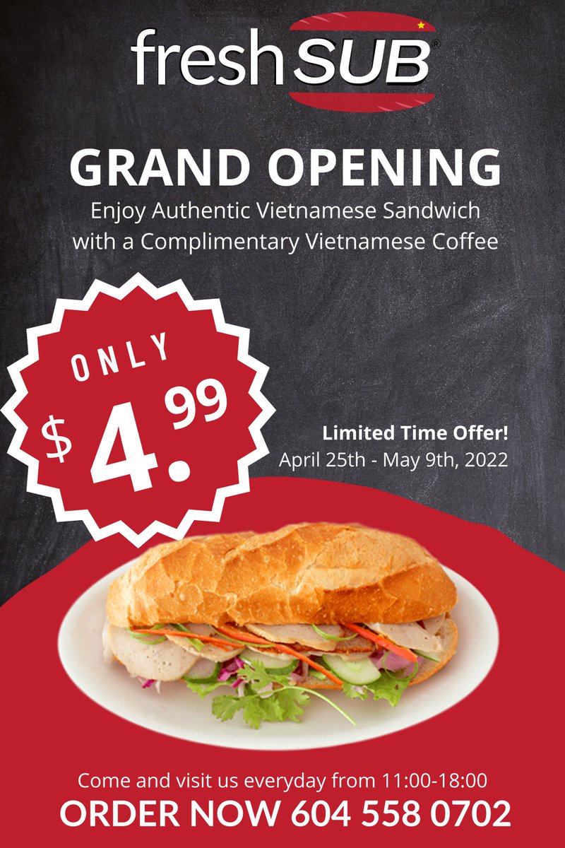 chrisdu54934070's tweet photo. Fresh Sub - Grand Opening Extended 2 more weeks

Authentic Vietnamese Sandwich enjoy a complimentary Vietnamese coffee
only 4.99 grab &amp; go

6154 Fraser St. near 46th Vancouver 10am to 6pm

Vietnamese coffee, Americano, Fruity Tea, Smoothies &amp;
Authentic Vietnamese Sandwich, https://t.co/ArudozyyDk