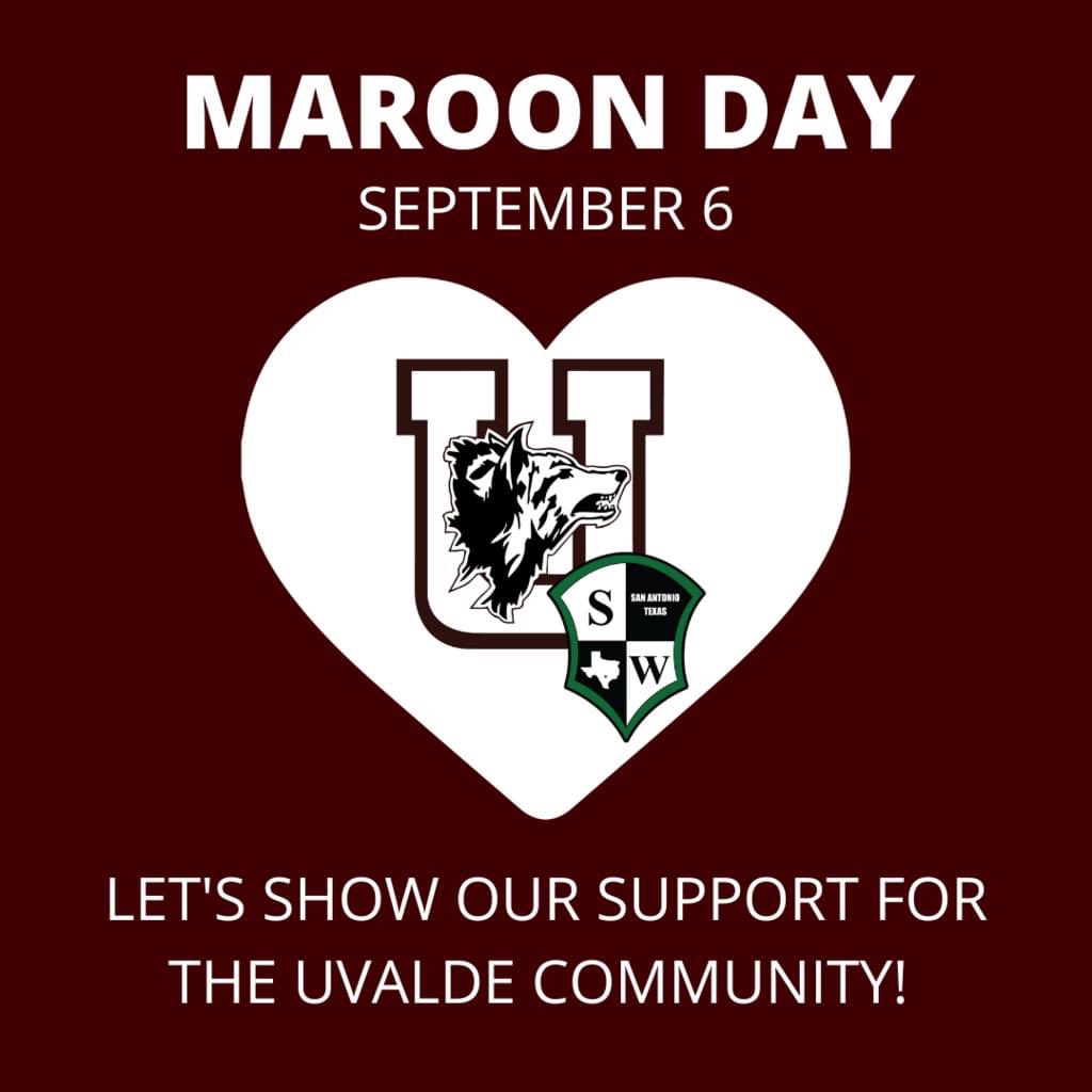 swisd_she's tweet photo. Tuesday, September 6, will be the first day of school for Uvalde CISD. We are asking the Southwest ISD community to wear maroon to show their support and love for the Uvalde community. We are Uvalde Strong! We are Southwest!
#weareswbychoice #escregion20 #RootEdSkyHarbour https://t.co/7Ln2u5ky9F