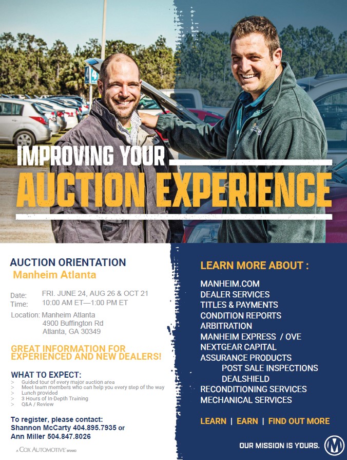 ManheimGeorgia's tweet photo. Want to learn all the latest tips &amp; tricks Manheim has to offer? Want to learn about condition reports and arbitration? Join Us! October 21st @ #ManheimAtlanta to have an in depth educational experience. Details on how to sign up are on the flyer.
 #OurMissionIsYours https://t.co/HA3VDgtWhf