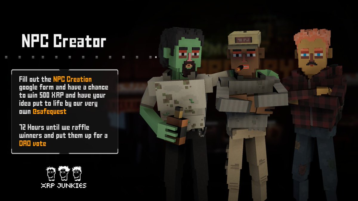 Horde Mode NPC Contest will decide our newest addition to the Junkiverse.🔥

Fill out the form linked with the most creative character you can think of!👇

GIVEAWAY of 750XRP &amp; their NPC in-game:
✅Like/RT
✅Tag Friends
✅ Follow
(1/2)
 #XRPL #NFT #NFTGame #NFTGiveaways #Giveaway