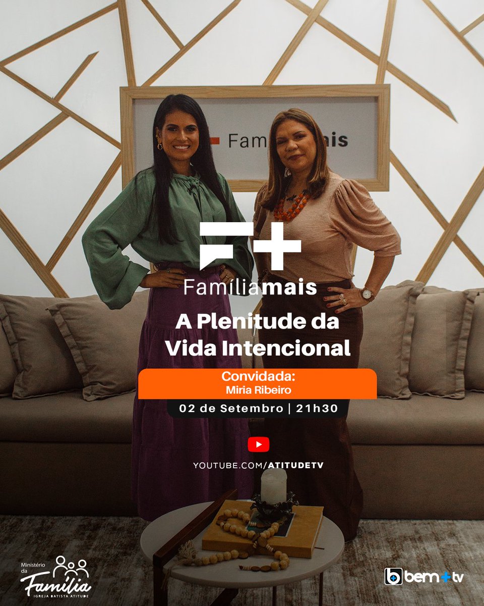 ibatitude's tweet photo. É daqui a pouco, às 21h30, (02.09) a estreia do #ProgramaFamília + com o tema "#APlenitudedaVidaIntencional" com a convidada Miria Ribeiro. Todas às #sextas tem estreia.
#atitudetv #familiamais #programadetv #tv
#programa #bemmaistv #ibatitude
#igrejaatitude #ministeriodafamilia https://t.co/qt2FhSGFKW