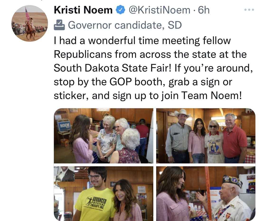 EK_Prom's tweet photo. And by people, he means Republicans. Noem is too frightened to talk to anyone who might have a difference of opinion.
#LetNoemRoam
#SmithForGov https://t.co/CE7ViHrega