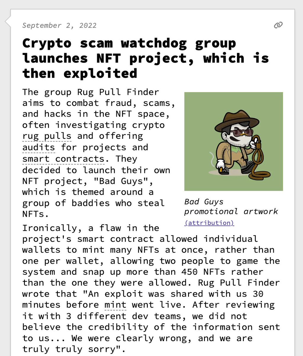 Crypto scam watchdog group launches NFT project, which is then exploited  September 2, 2022 https://t.co/HVj9s0siLD