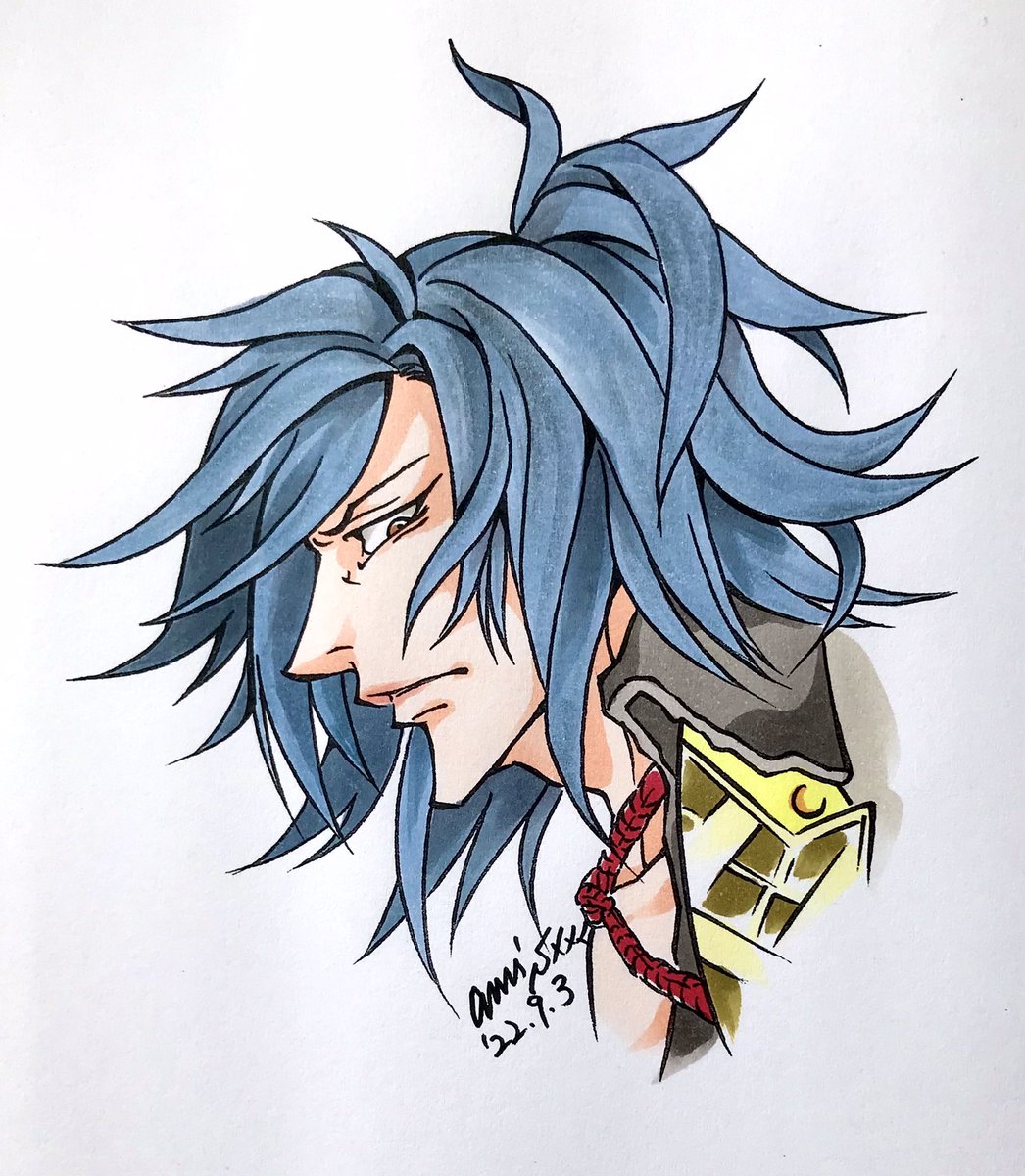 1boy solo male focus blue hair traditional media dated white background  illustration images
