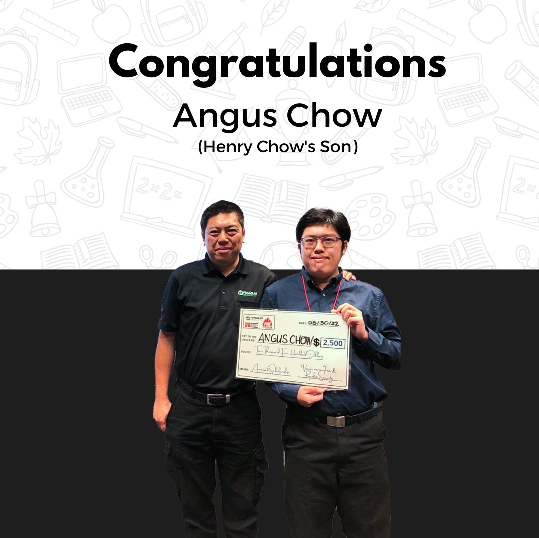 RadiusSecurity's tweet image. 🎉 Congratulations 🎉 to Jaylum Jassal (Baljit’s son), and Angus Chow (Henry’s son) who were the recipients of the $2500 scholarship awards to help in their pursuit of post-secondary education.

#scholarships #awards #funding #congratulations #education #tuition