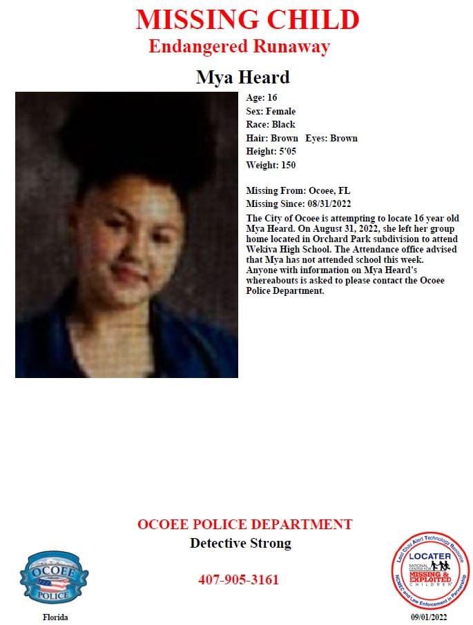 OcoeePD's tweet photo. 🚨🚨MISSING JUVENILE

Juvenile Mya Heard ran away from a group home located in Ocoee. If you can provide any information, please call Detective Strong at 407-905-3161. https://t.co/xk8EtlxGhc