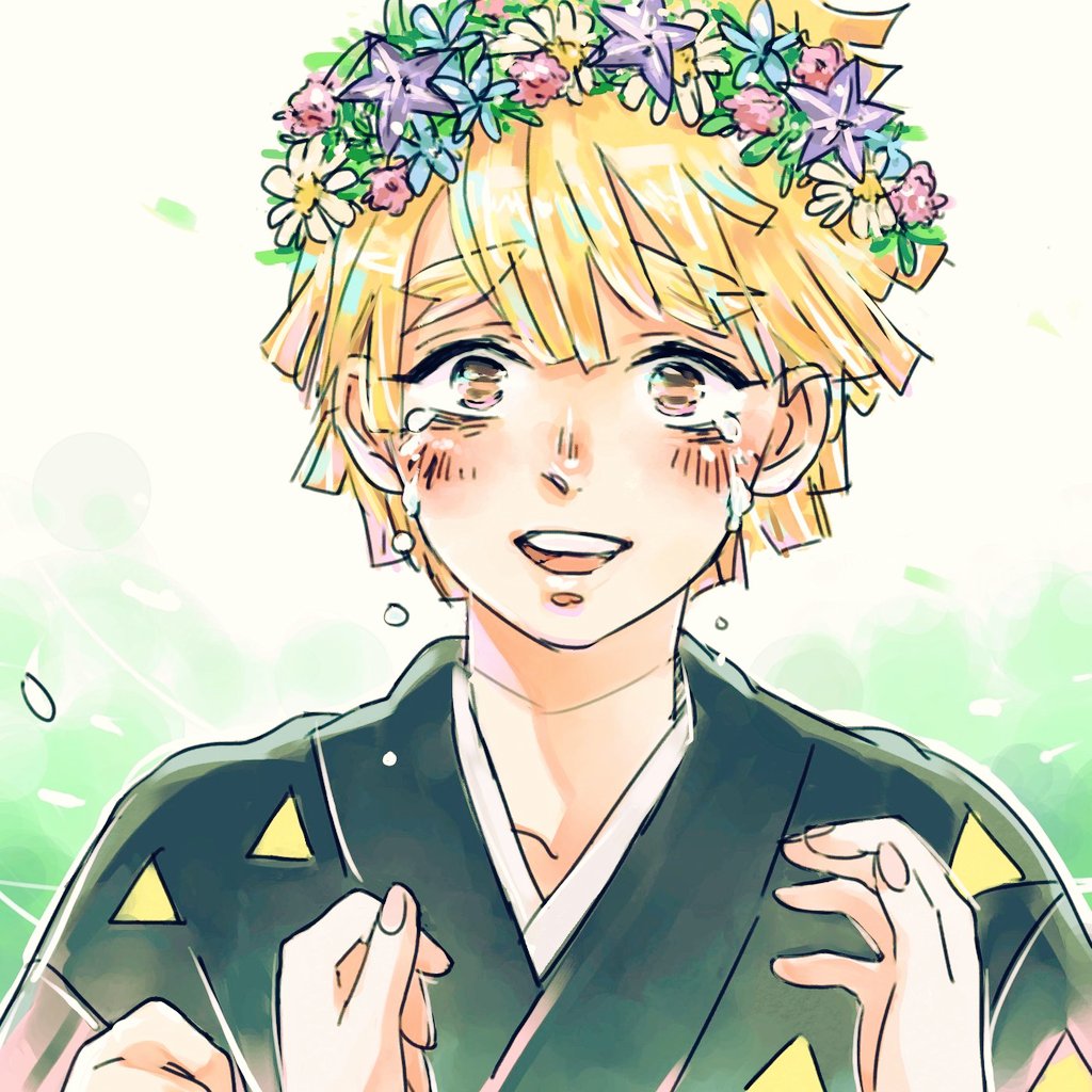 1boy blonde hair male focus japanese clothes head wreath tears yellow eyes  illustration images