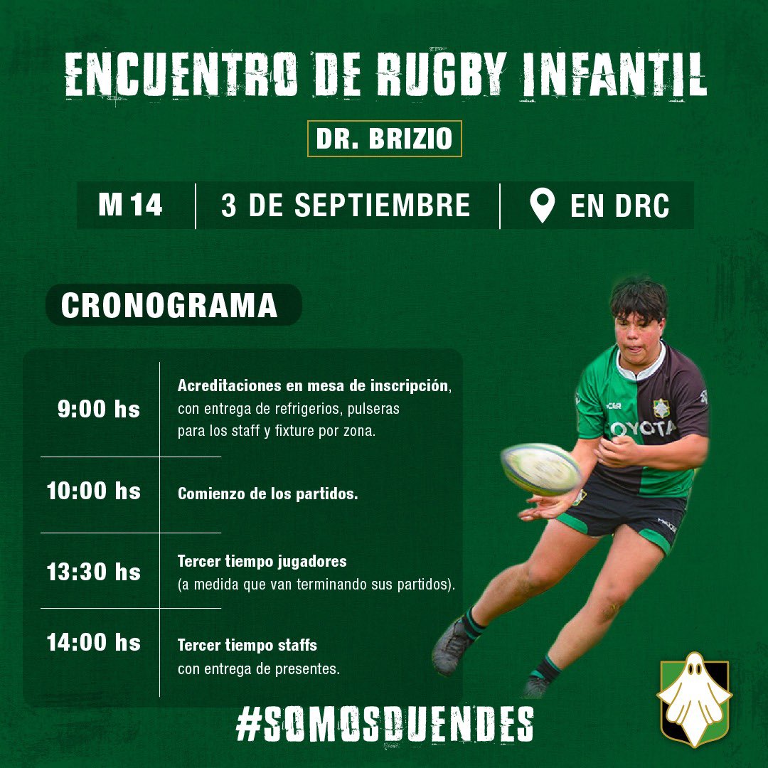 DuendesRC's tweet photo. Mañana jugamos el #Brizio 💪
•
Lo esperamos a todos en el club!
•
#EncuentroRugbyInfantil #M14
#Juguemos
#SomosDuendes #UnaManeraDeVivir https://t.co/iX0pPfF2AO