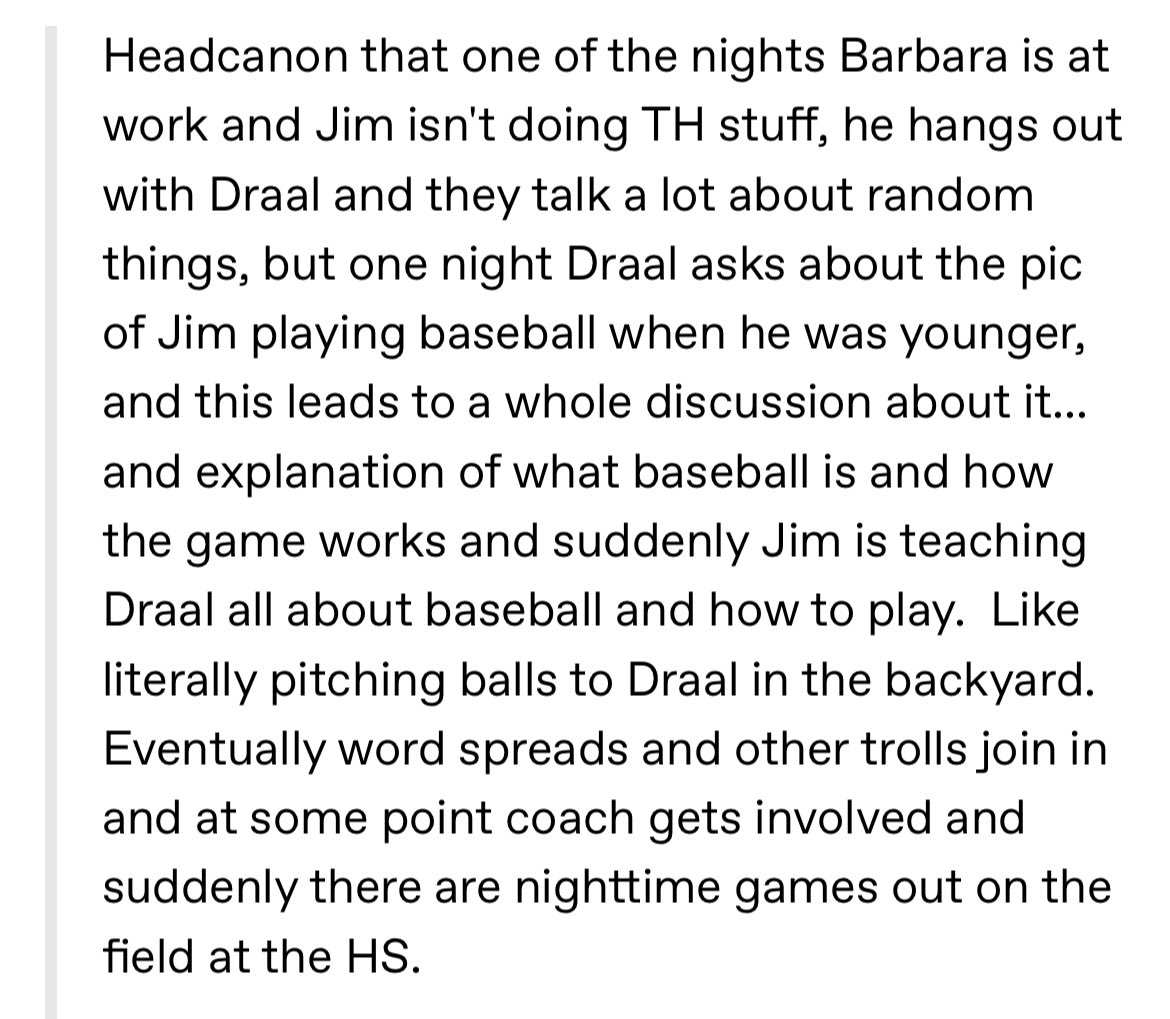 bluheaventt's tweet photo. I commissioned the amazing mdoodlerfandomart on tumblr for art of a silly HC about Jim teaching Draal how to play baseball in his backyard, just like how Draal trained Jim to handle Daylight. https://t.co/y0nfk88kcU
#toa #trollhunters #talesofarcadia #jimlakejr #draal https://t.co/OHn4zXjIM0
