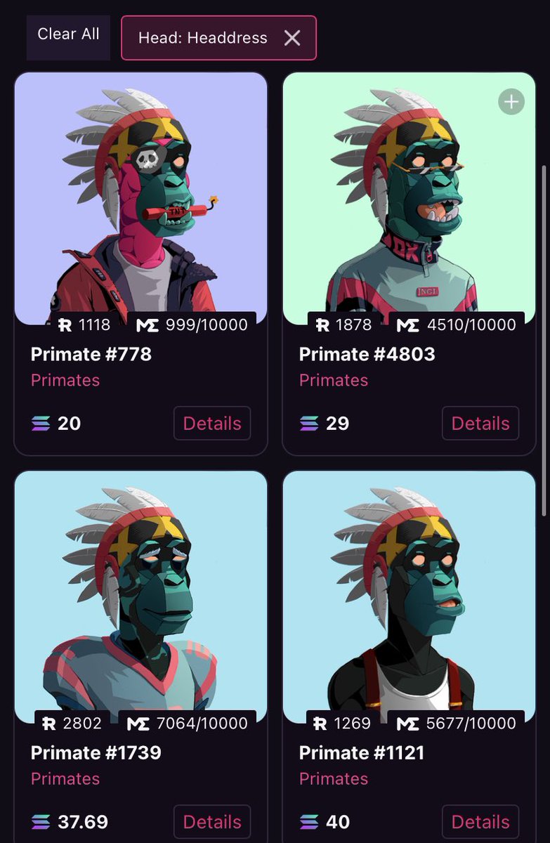 Only 10 headress <a href="/Primatesnft/">Primates🌿</a> listed and one more sale to 29 fp.  Just want to point this out real quick jngl fam. Hope an og can grab it 🤝🌿📈