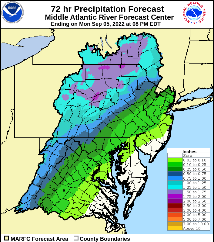 NWSMARFC's tweet photo. Over the past 90 days some areas have a rainfall deficit of 2 to 8 inches of rain.  We are expecting some #rain on Sun and Mon as shown in the 3 day rainfall forecast. Additional rain is expected on Tue and into Wed next week. https://t.co/IOr5kDNO1J