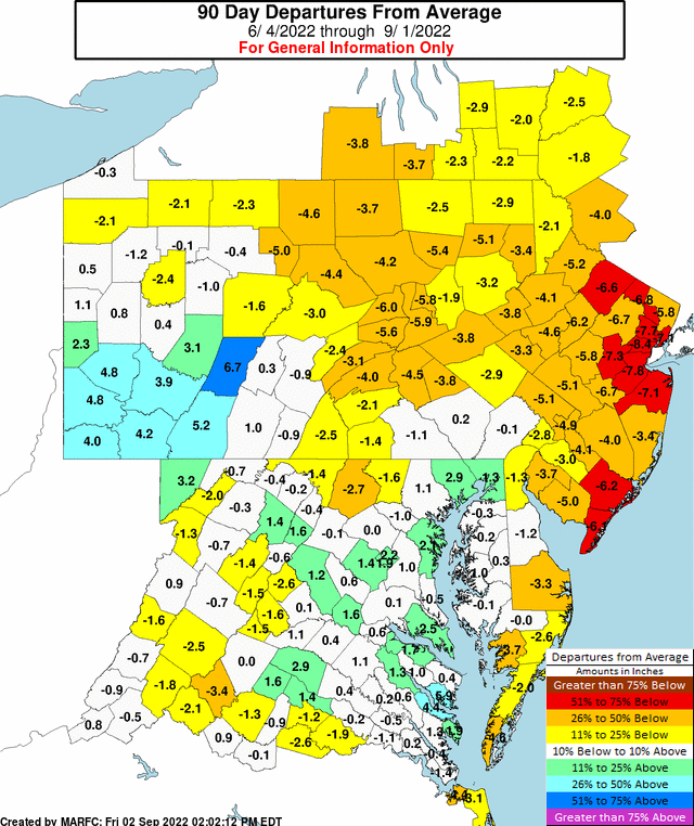 NWSMARFC's tweet photo. Over the past 90 days some areas have a rainfall deficit of 2 to 8 inches of rain.  We are expecting some #rain on Sun and Mon as shown in the 3 day rainfall forecast. Additional rain is expected on Tue and into Wed next week. https://t.co/IOr5kDNO1J