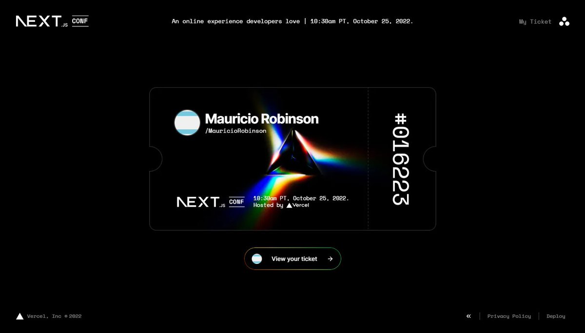 MauricioRobin97's tweet photo. I just got my @vercel @nextjs #conf22 ticket. Get yours on https://t.co/GbC152uCgN https://t.co/l0h5rzZjJt
