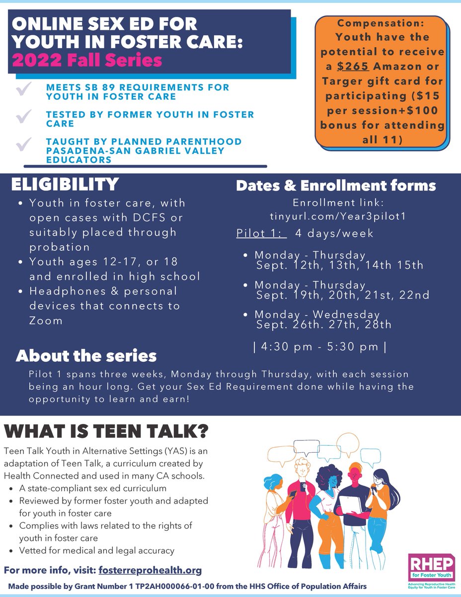 NCYLHealth's tweet photo. NOW OPEN! Teen Talk Youth in Alternative Settings (YAS) is a free, online SB 89-compliant sex ed series available for youth in care! This resource aids youth in meeting their #SB89 sex ed requirements. Enroll by September 5th! Learn more here: https://t.co/0nCYGkkJK9 https://t.co/nB9Dsmrufc