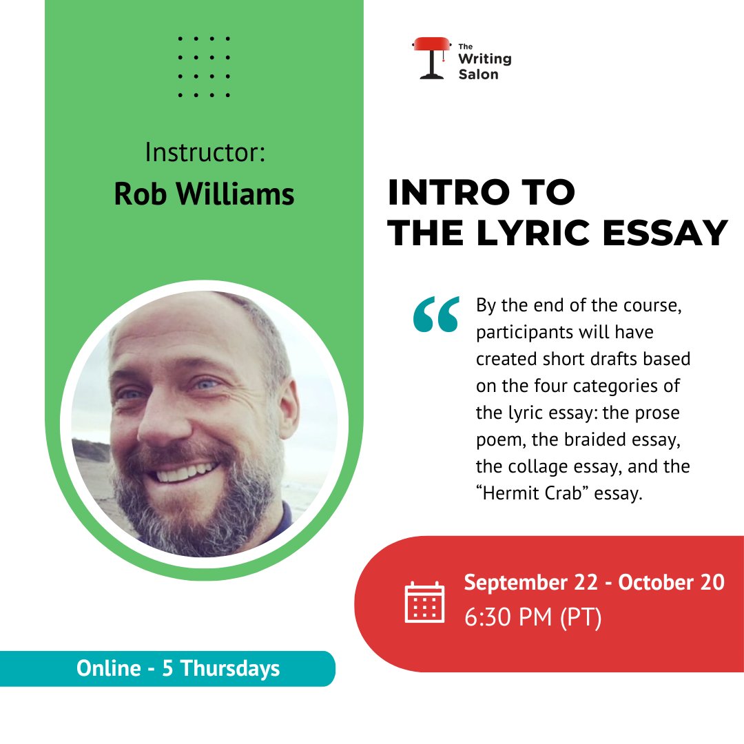 Immerse yourself in an exciting form of creative nonfiction — the #lyricEssay.
In this 5-week class, you’ll #read a variety of lyric essays, #practice the essential tools of the form, and apply the learnings to #write your own lyric essays.
Sign up now! writingsalons.com/event/intro-ly…