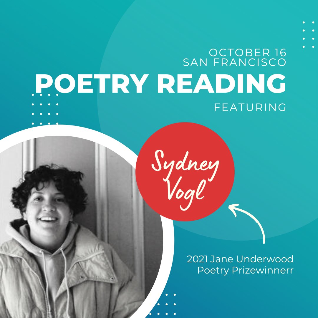 The Writing Salon (@writingsalon) on Twitter photo Jane Underwood Poetry Prize Reading — live in #SanFrancisco on October 16!
Join us to #celebrate #poets <a href="/KellyGraceThoma/">KellyGraceThomas</a> (2020 prizewinner) and @sydneyvogl (2021 prizewinner) who will read their work at our SF location.
RSVP by 5pm on Saturday, October 15.
writingsalons.com/event/jupp-rea… Jane Underwood Poetry Prize Reading — live in #SanFrancisco on October 16!
Join us to #celebrate #poets <a href="/KellyGraceThoma/">KellyGraceThomas</a> (2020 prizewinner) and @sydneyvogl (2021 prizewinner) who will read their work at our SF location.
RSVP by 5pm on Saturday, October 15.
writingsalons.com/event/jupp-rea…