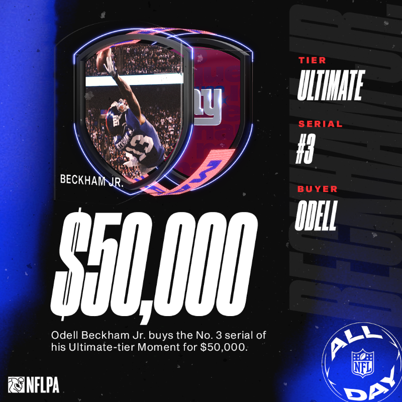 NFLALLDAY's tweet photo. He made the play, now he owns the Moment.

@obj snagged the No. 3 serial of his Ultimate-tier Moment in the marketplace for $50,000.

Check out Odell's collection on #NFLALLDAY 🔥