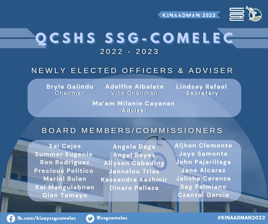 ssgcomelec's tweet photo. If you have any questions about the election, please contact any member of the Commission on Elections. Here are your newly elected commissioners and comelec officers: https://t.co/e6V7O7doxO