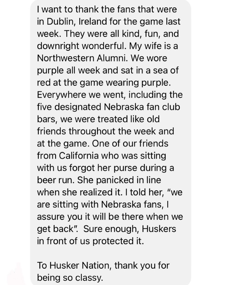 92CLiss's tweet photo. I received this message on my Nebraska football Facebook page from a Northwestern fan who attended the game last weekend in Ireland. It’s too cool not to share.

#GBR #Huskers https://t.co/oTV1yZWHcF