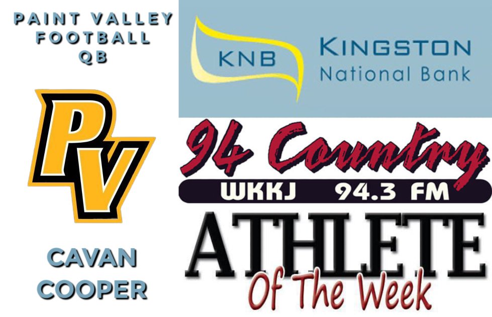 94CountryWKKJ's tweet photo. This week’s KNB Athlete of the Week is Paint Valley senior QB Cavan Cooper. In the Bearcats’ loss to West Jefferson, Cooper completed 14 passes for 238 yards with a touchdown, and he rushed for three touchdowns, totaling 50 yards on 14 carries! https://t.co/d02TXKFuV8